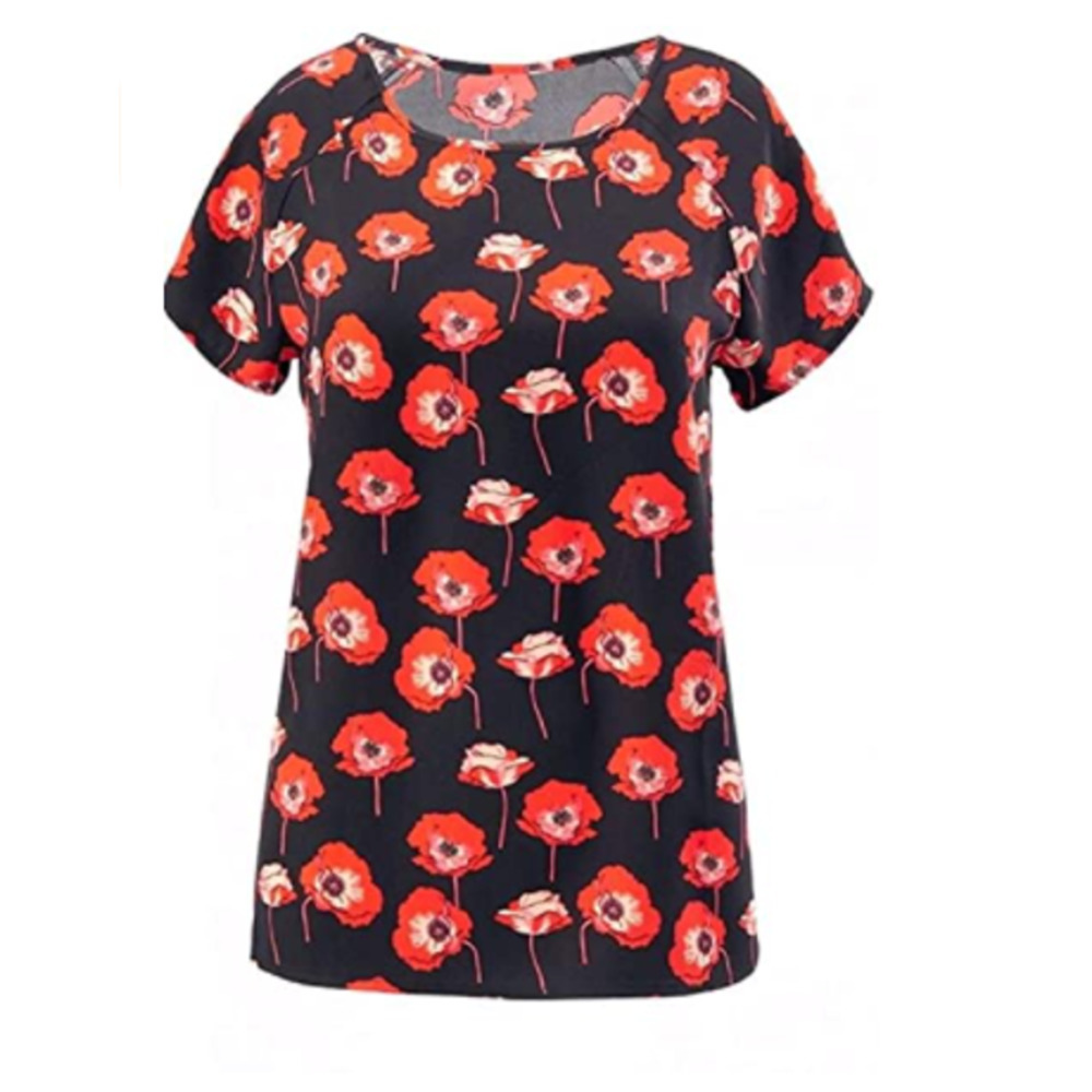 Cabi Flanders Top Size XS Round Neck Short Raglan Sleeve Fiery Poppy Print Black